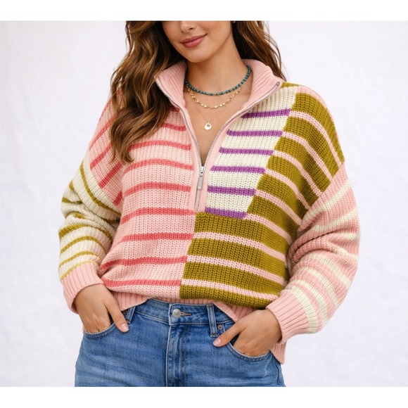 easel Sweaters - Easel Patchwork Striped Half Zip Sweater Women S Pink Olive Colorblock Funky NWT